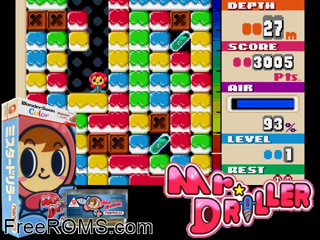 Mr. Driller (J)[!] Wonderswan game showing 3D box cover and gameplay screenshot